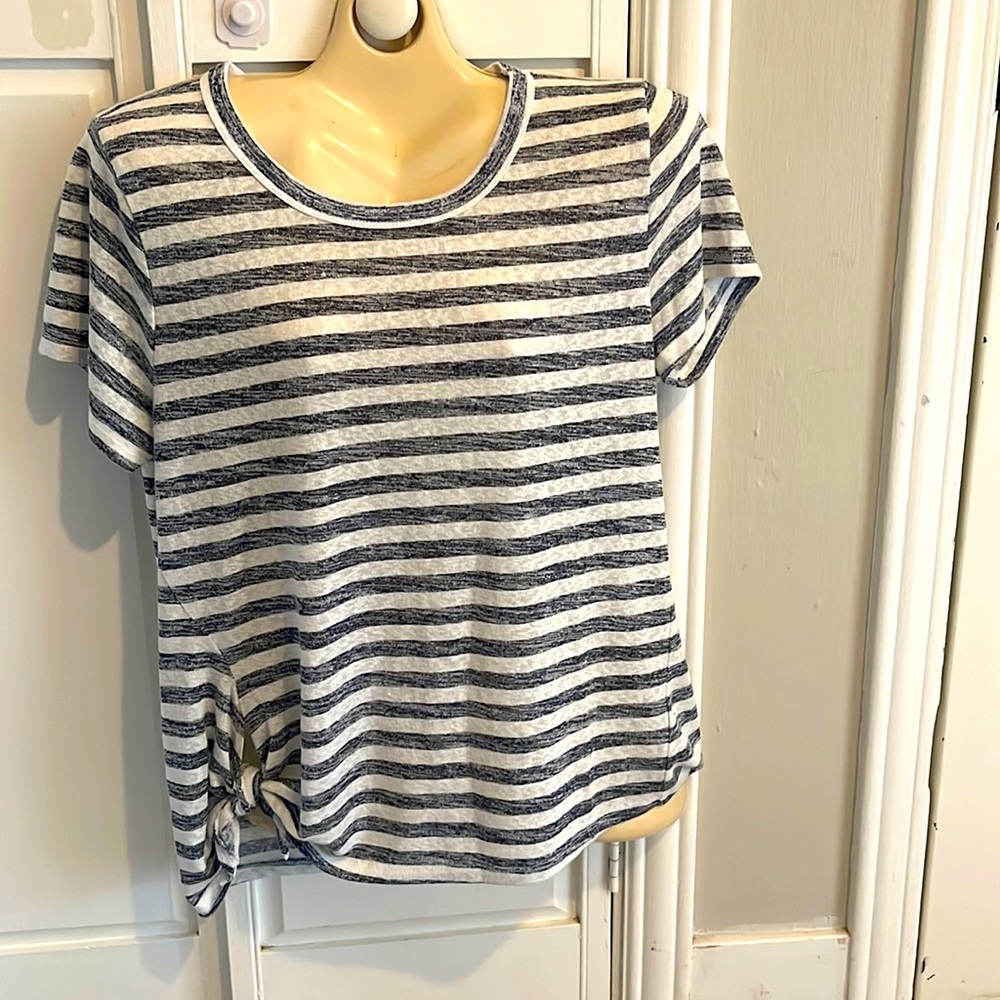 Nautical Striped Crew Short Sleeve Top, Gathered side tie at bottom, XL Ladies